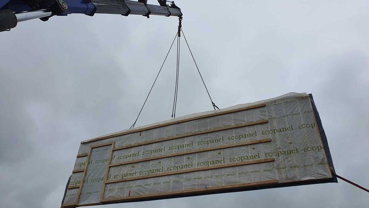 Waihi Passive House - Crane with one wall EcoPanel