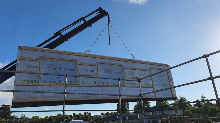Waihi Passive House - Crane installation on Ecopanel walls