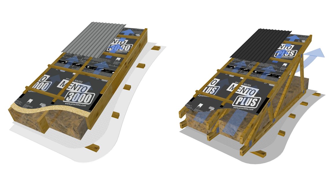 Example showing the best the best place for controlled, contained roof ventilation - between the cladding and the membrane.