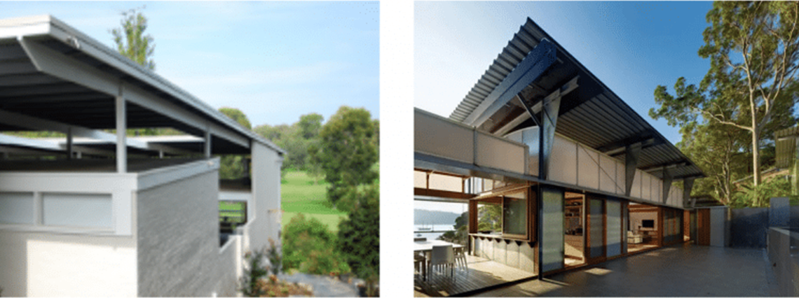 Examples of parasol roofs. Left: Designed by Robin Boyd (c. 1956). This is an example of the architect’s courtyard style with a parasol roof. Right: Cliff Face House, Fergus Scott and Peter Stutchbury Pittwater (Harding, 2012).