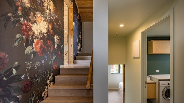 Mount Ruapehu House - Stairs to the second segment of the house with a floral wallpaper