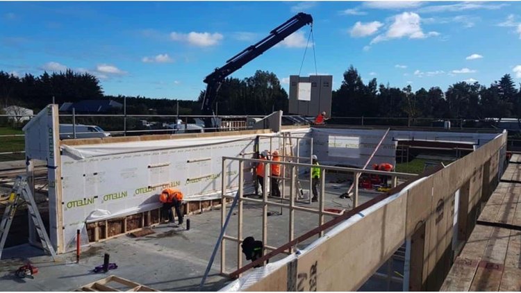 The Gibbon Passive House North Canterbury - Installation of pre fabricated wall panels with airtightness layer INTELLO<sup>®</sup>