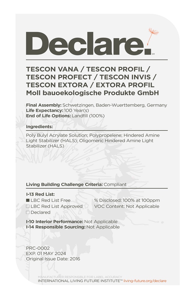 pro clima TESCON VANA -TESCON PROFIL - TESCON EXTORA - TESCON EXTORA PROFIL Declare Label 2024